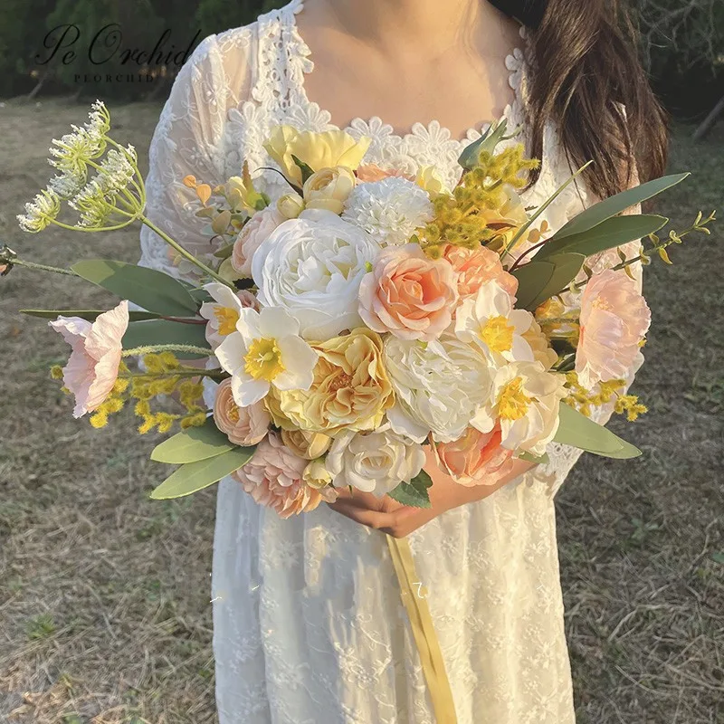 

PEORCHID Yellow Champagne Bridal Bouquet Peony Roses Artificial Brides Holding Flower Silk Bridesmaid Fake Flower Bouquet