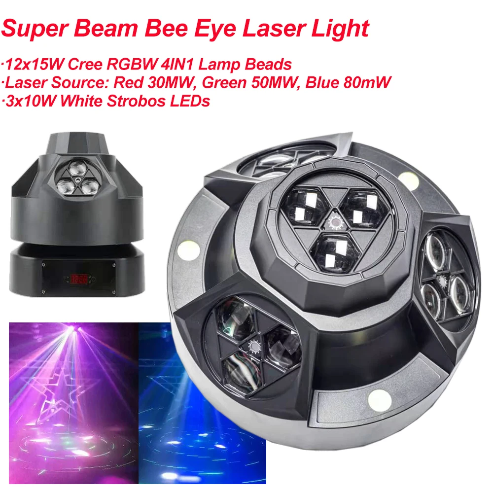 DJ Stage Lighting Beam Laser Strobos Projector 12x15w RGBW Beam Moving Head Light 3 Heads RGB Laser for Disco Xmas Party