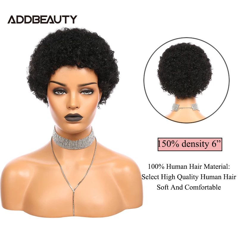 Rambut Palsu Keriting Keriting Afro Pendek Rambut Palsu Bob Remy Brasil Addbeauty untuk Wanita Kulit Hitam Wig Buatan Mesin Warna Hitam Alami 150%