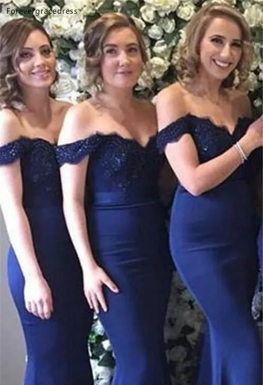 New Arrival Navy Blue Formal Bridesmaid Dress Mermaid Off Shoulders Lace Long Maid of Honor Gown Custom Made