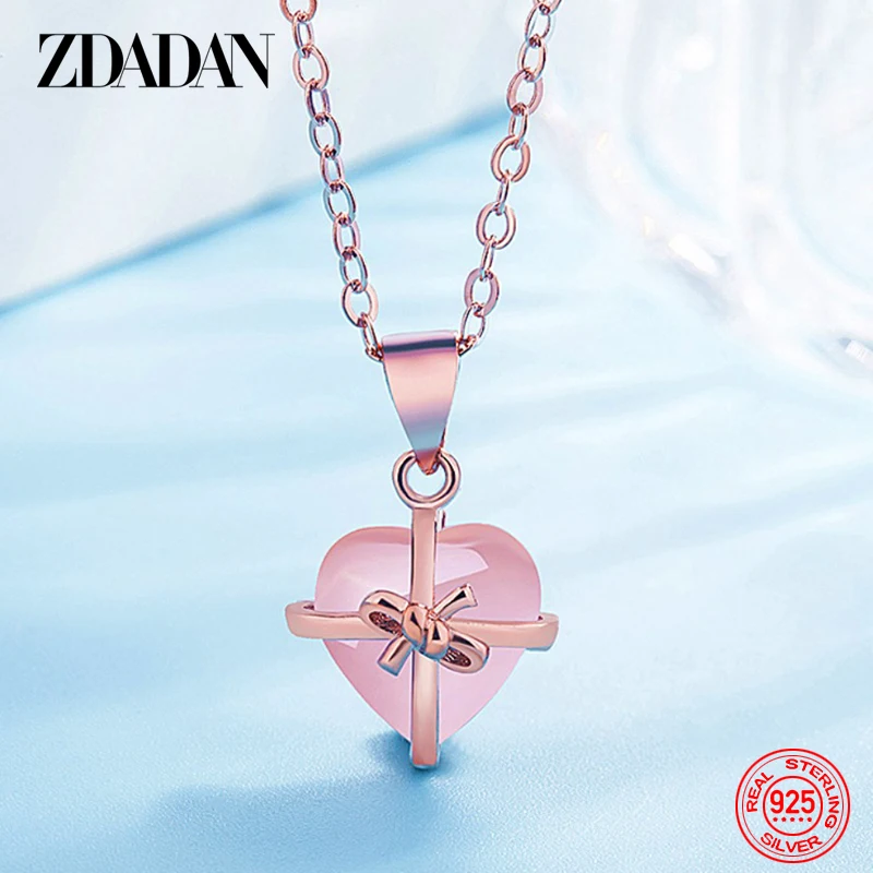 

ZDADAN 925 Sterling Silver Pink Crystal Necklace Chain For Women Jewelry Gift Accessory