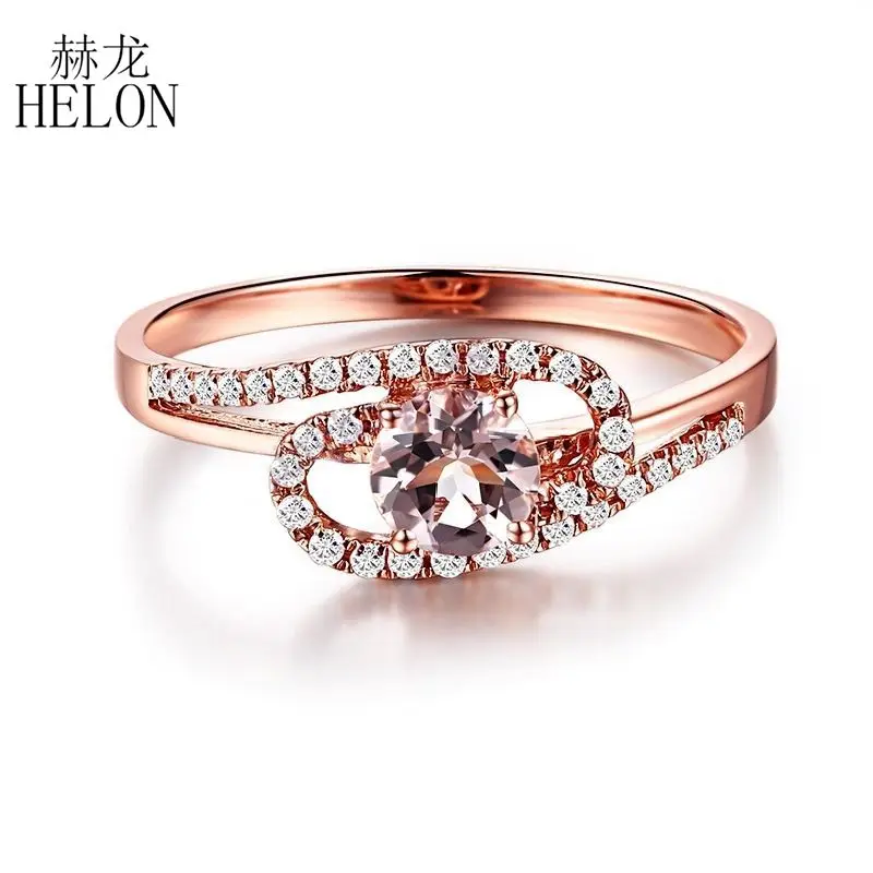 

HELON Solid 14K Rose Gold AU585 Round 4.5mm Natural Morganite Diamonds Engagement Wedding Gemstone Ring Fine Jewelry Best Gift