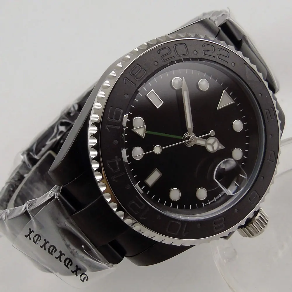 

40MM Black Sterile Dial Sapphire Glass PVD Coated Ceramic Bezel Date Glass Case Back GMT Automatic Men's Wristwatch