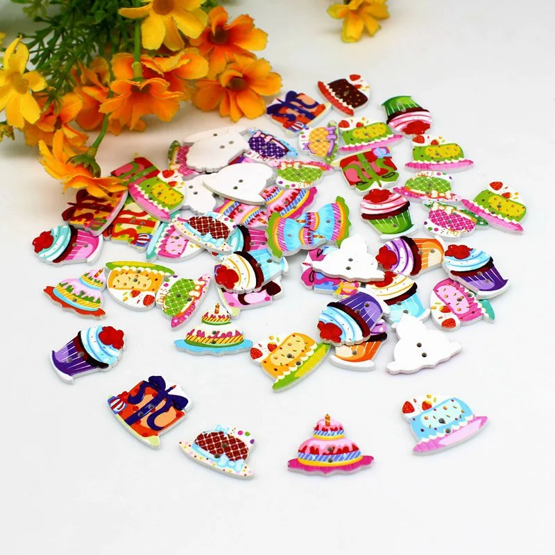 50 unids/pack de botones de pastel mixtos para manualidades, costura, álbum de recortes, suministros diy, botones de madera de 2 agujeros