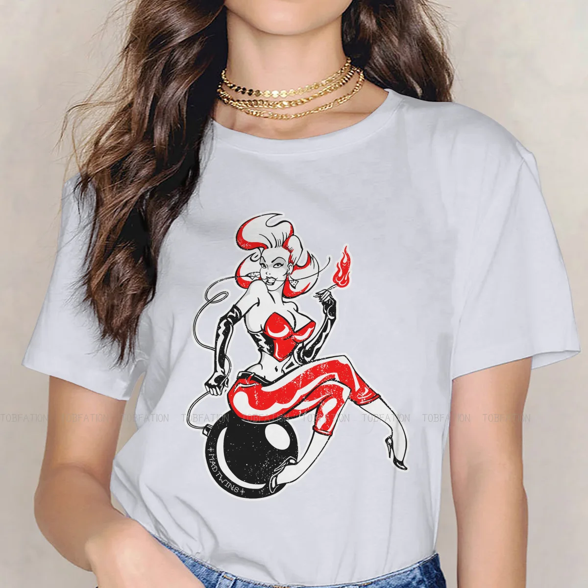 Pin Up Girl Model Pop Art Girls T Shirt Bomb Rockabilly Mad Twins Female Tops Harajuku Kawaii Tees Ladies Cotton Tshirt 4XL