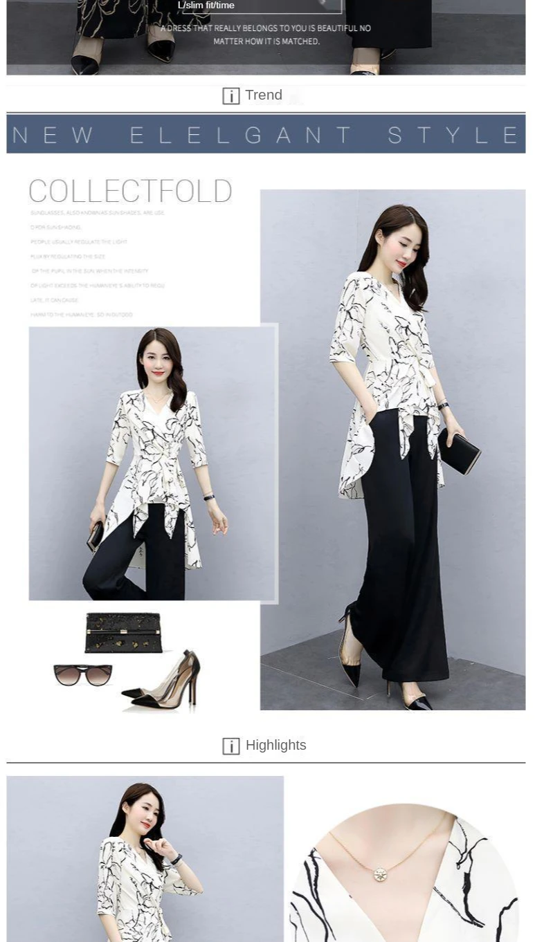 Damen-Freizeitanzug, Sommer, neues zweiteiliges Set, 2025, modisch, weites Bein, lange Hose, halbe Ärmel, Oberteil, koreanischer Stil, bedruckt, Büro-Outfits – Detail 1