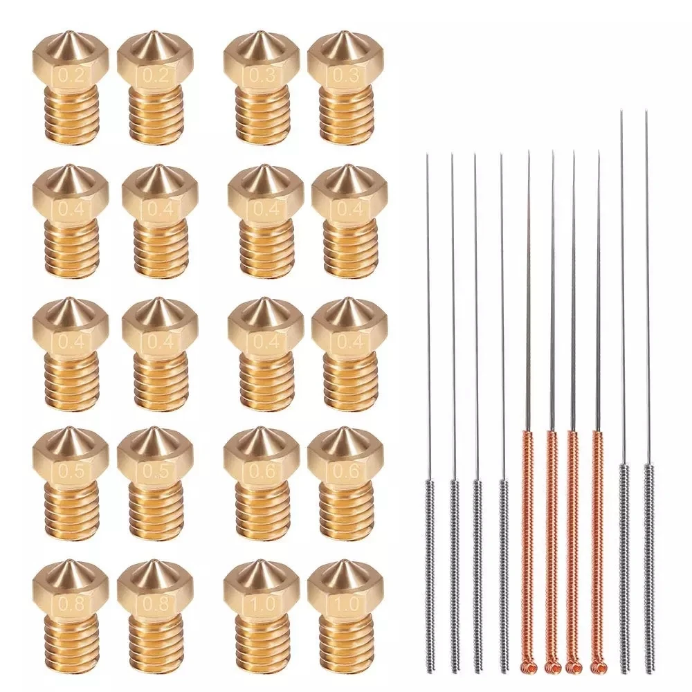 20 PCS M6 3D Printer Nozzles with 10PCS Cleaning Needles Kit V6 V5 Brass Exruder Nozzle Print Head for E3D Makerbot