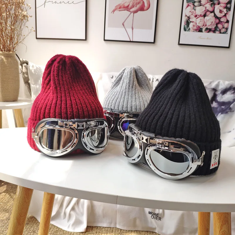 Knitted beanie hat with glasses retro hat male woolen hat female winter tide brand outdoor warm ski hat