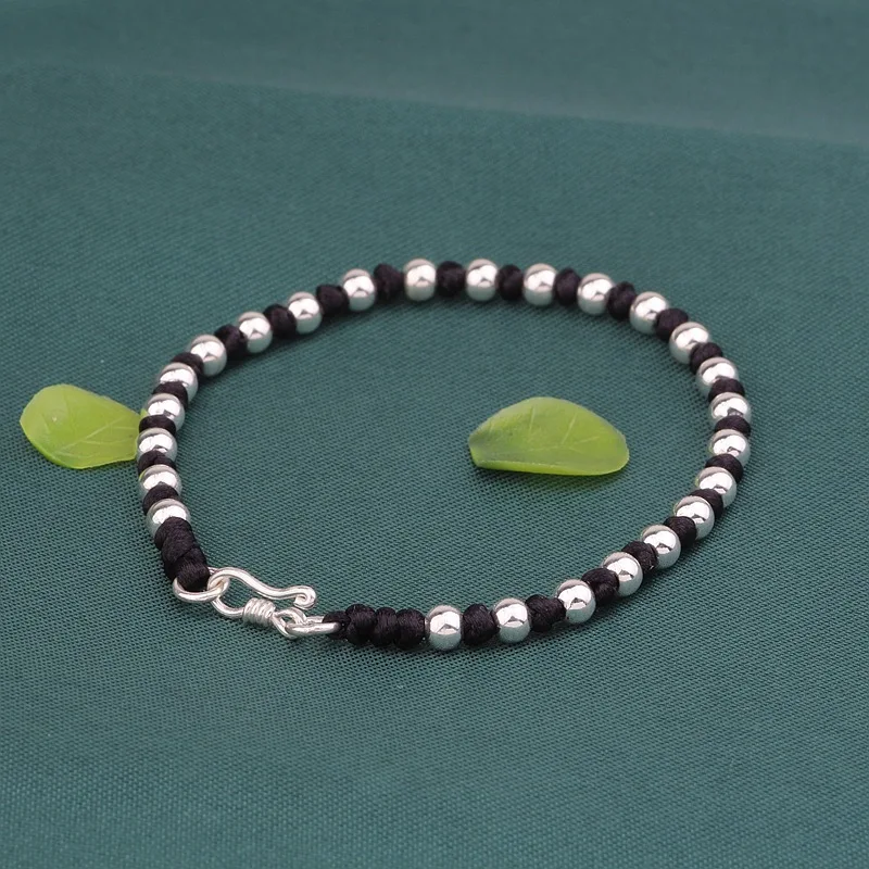 BOCAI New Real S925 Sterling Silver Jewelry DIY Hand-Woven 4mm Bead Versatile Bracelet for Couples Man and Woman