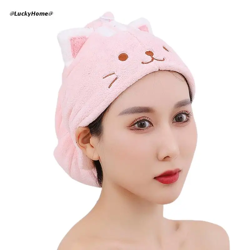 Coral Velvet Hair Towel Turban Wrap Quick Dry Shower Hat with Button Cute Cat Microfiber Super Absorbent Bath