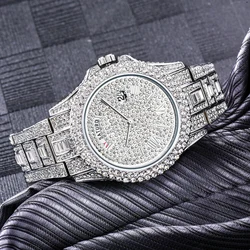 MISSFOX Dual Calendar Quartz Men's Watch Diamond Silver Watch For Men Waterproof Luxury Gold Iced Out Steel Relogio Masculino