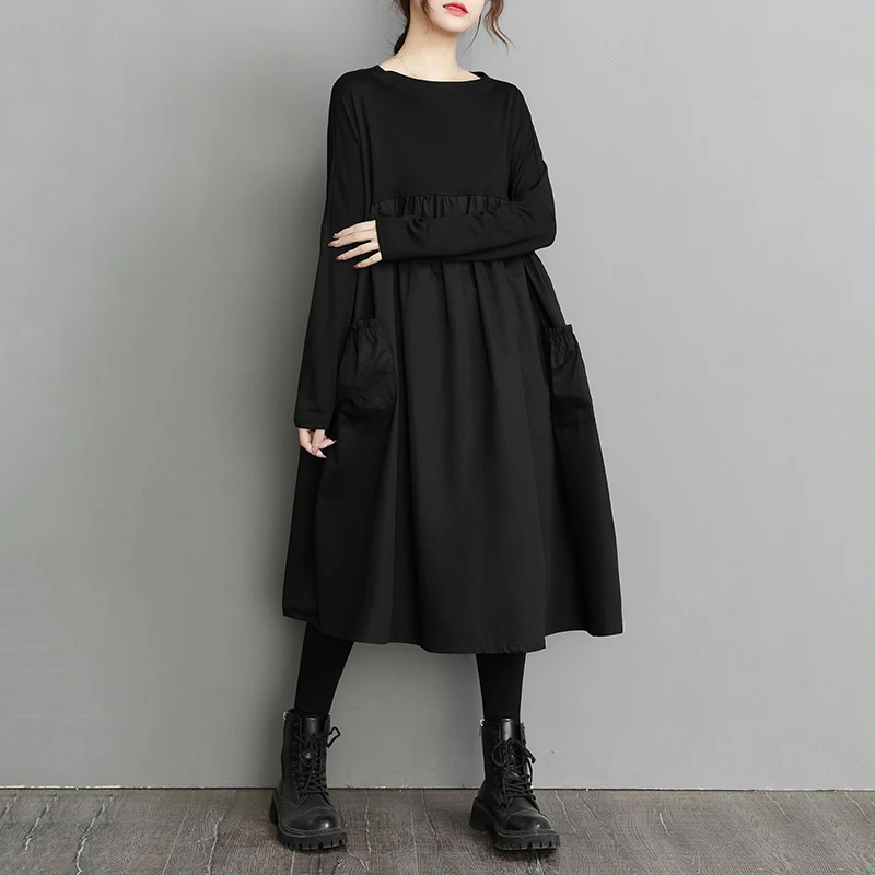 Long Sleeve Black Big Pocket Patchwork Dresses For Women Loose Casual Vintage Dress Fashion Elegant Clothing Spring Autumn 2026