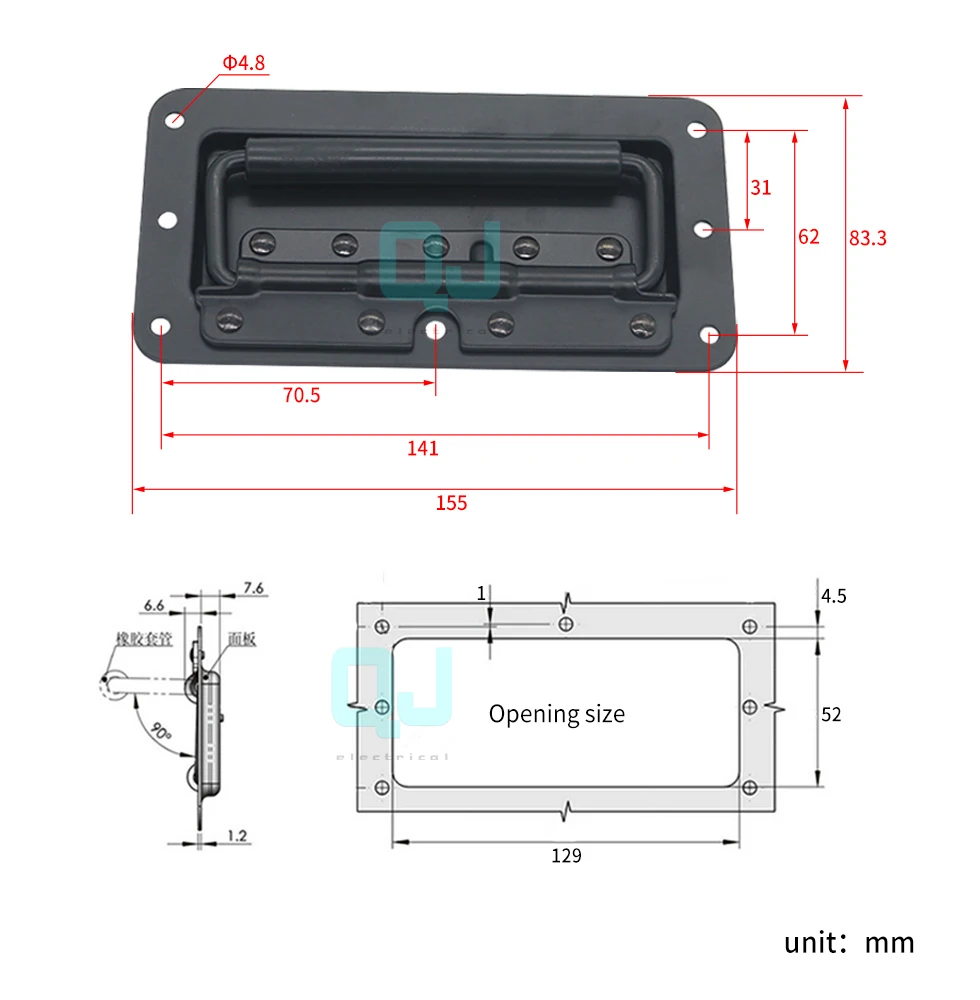 LS504-3 square concealed embedded spring folding handle toolbox side black handle with rubber sleeve