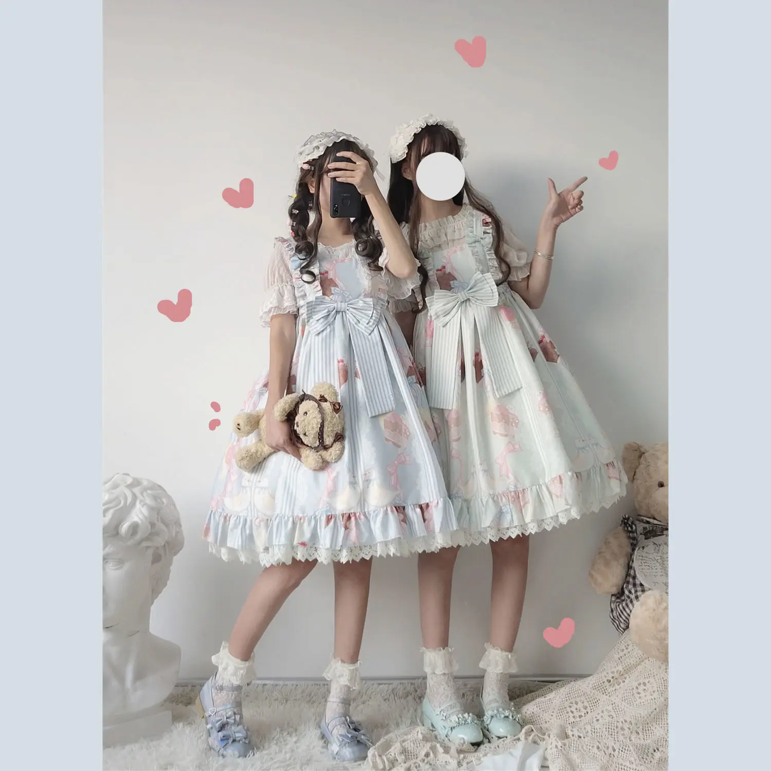 Estilo japonés Kawaii Lolita Jsk Drsss mujeres lindo estampado de dibujos animados encaje arco princesa vestidos niñas dulce fiesta Mini vestidos