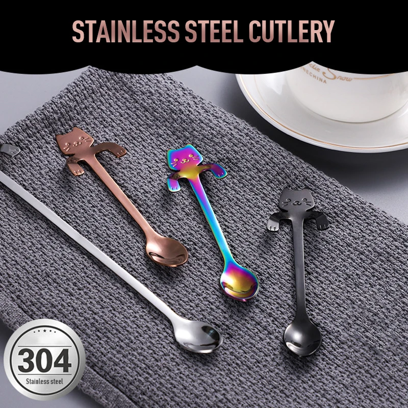 Hot Sale Coffee Spoon Mini 304 Stainless Steel Cartoon Cat Spoon Long Handle Flatware Coffee Drinking Tools Kitchen Gadget image 6