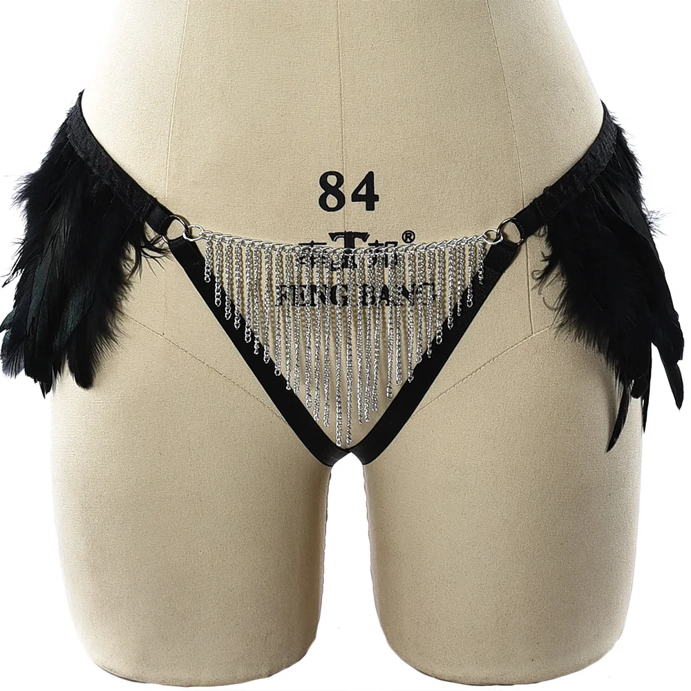 

Goth Rave Women Bottom Body Harness Feather Pantie Adjustable Sexy Lingerie Belt Body Cage Chain Bondage Tassel Black G-string