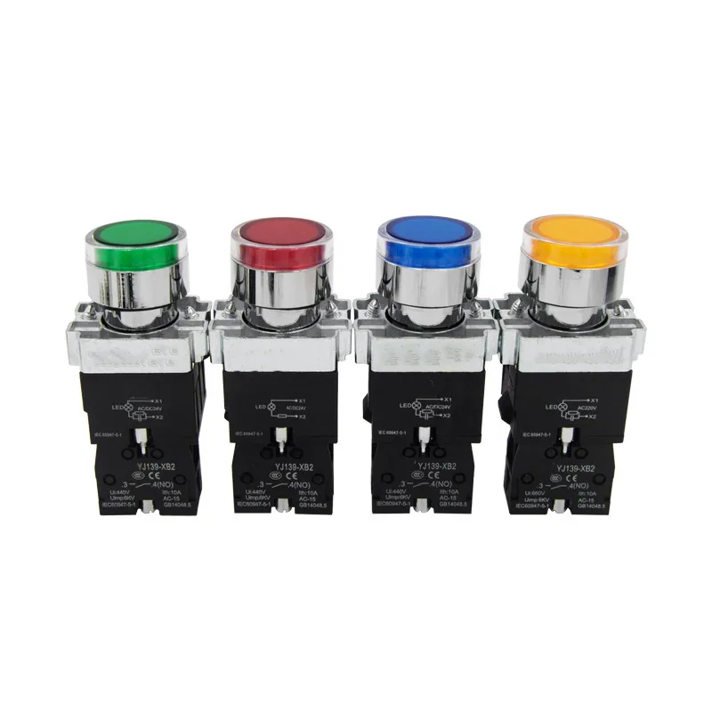 22mm Momentary XB2-BW3361 Round Push Button Switch with LED Light 1NO 24V/AC220V/AC380V Green,Red,Yellow,Blue ZB2-BE101C