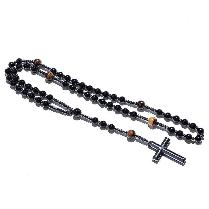 Black Onyx Yellow Tiger Eyes Beaded Catholic Christian Cross Pendant Necklace Mala Meditation Jewelry Men and Women Rosary