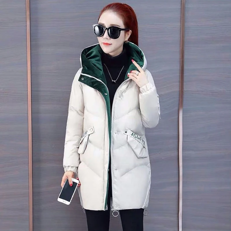 2022 Women Winter Jacket Hooded Warm Coat Green Cotton Padded Jacket Female Long Parka Splice Women Wadded Jaqueta Feminina Tops