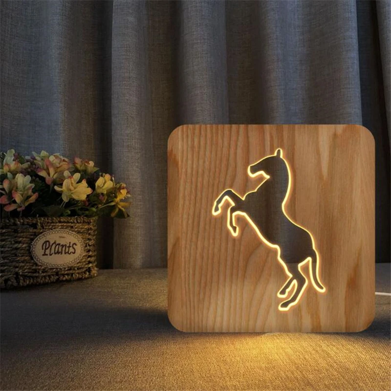 Veilleuse en bois Animal Prancing cheval lampe USB LED Lampes de table Bois bébé veilleuse chambre enfant Décoration led Vente en gros