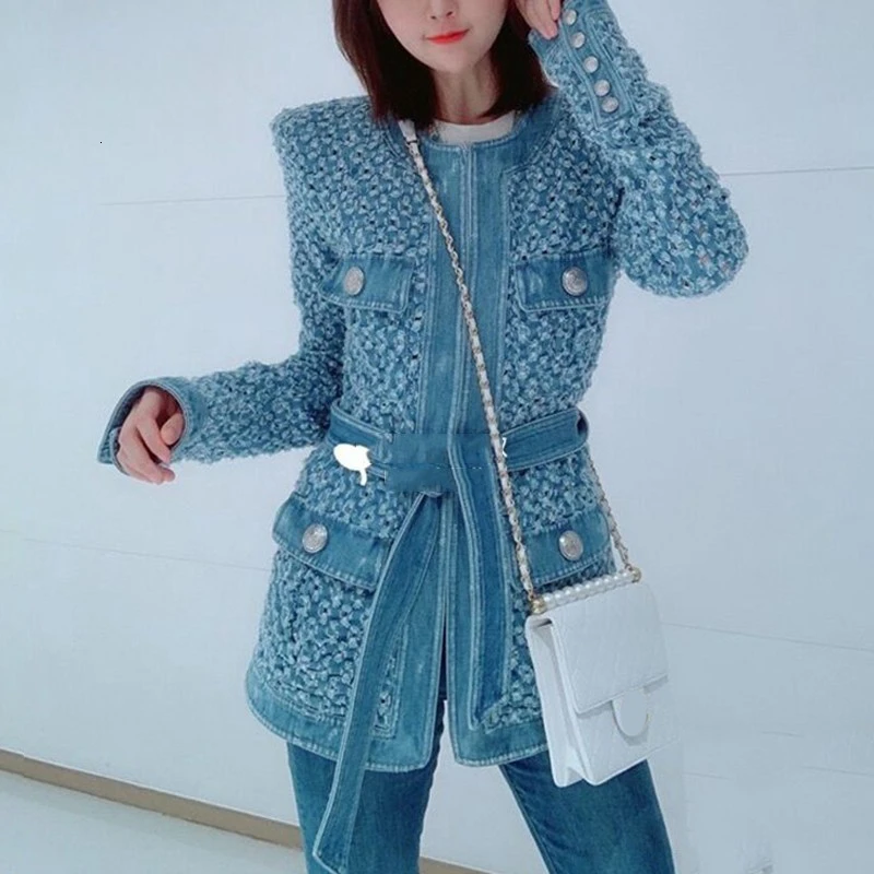 TWOTWINSTYLE Vintage Blue Denim Jacket With Belt Waisted Ripped Hole Women Coat 2022 Spring Long Sleeve Pockets Streetwear New