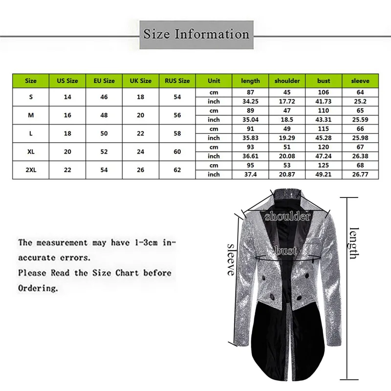 Men’ s Suit, Sequins Turn-Down Collar Long Sleeve Swallow-Tailed Coat for Men, S/M/L/XL/XXL