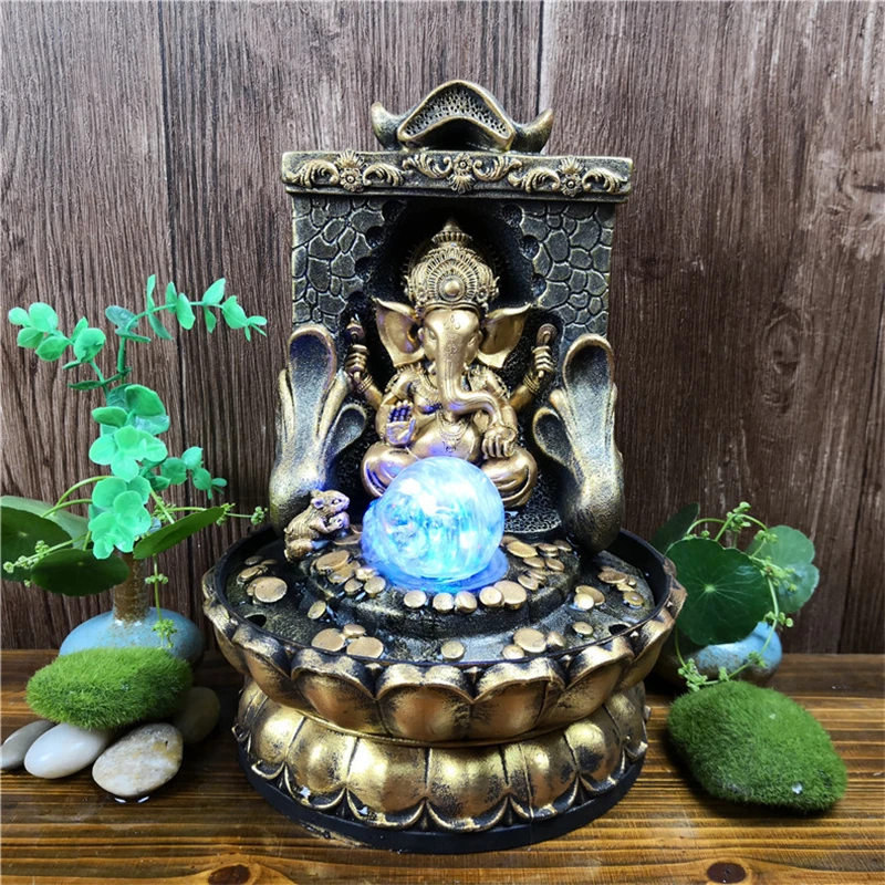 Hindu Ganesha Statue Fortune Lucky Feng Shui Desktop Fountains Indoor LED Glowing Ball Spring Water Sound Waterfall Fountain