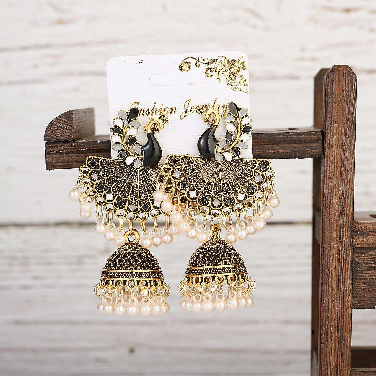 

Vintage Antique Indian Dripping Oil Peacock Jhumki Earrings Women's Boho Ethnic Bollywood Gold Color Bells Earring