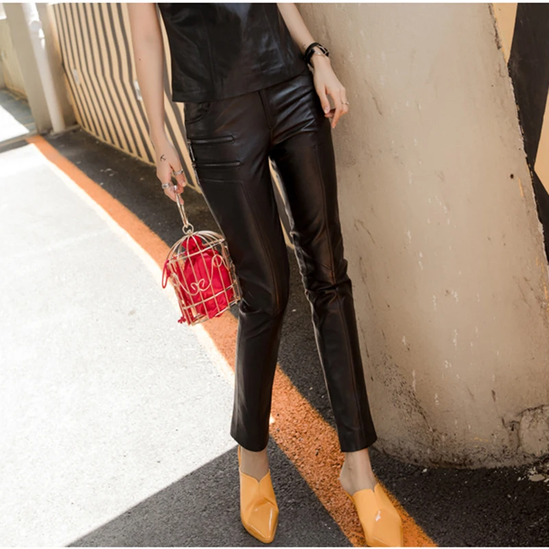 

2020 New Slim Pencil Women Autumn Winter Office Lady Real Sheepskin Genuine Leather Pants Fashion Zipper Trousers