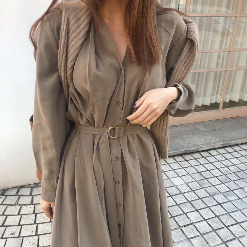 BGTEEVER V-neck Single-breasted Female Long Dress 2020 Spring Elegant Long Sleeve Belted Women Dress Straight Loose Vestidos