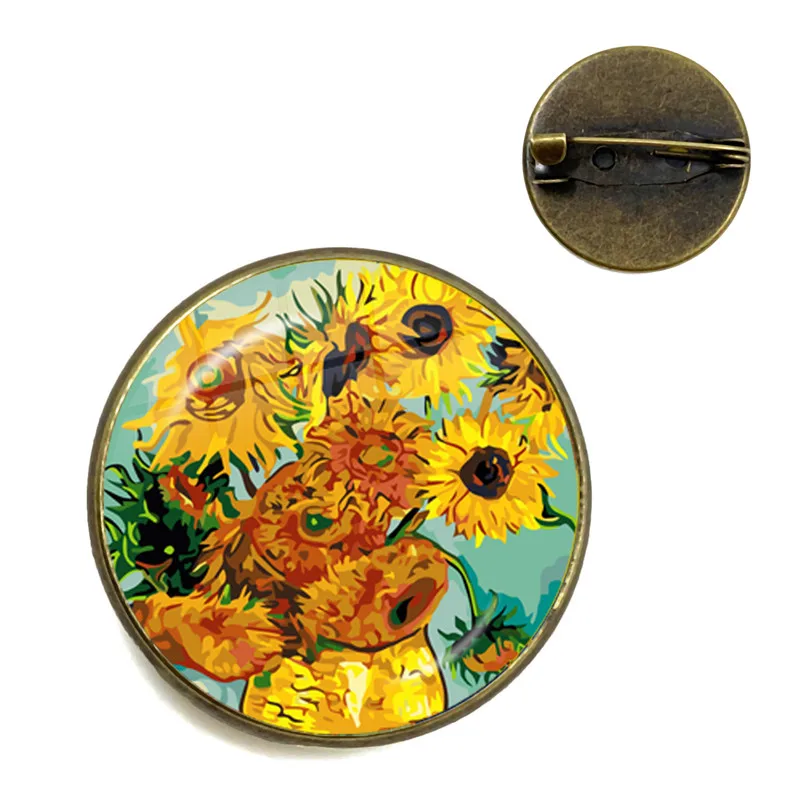فان جوخ عباد الشمس الفن Vintage بروش البرونزية 20 مللي متر الزجاج كابوشون قبة طوق دبابيس شارة مجوهرات للنساء الرجال الاطفال هدية