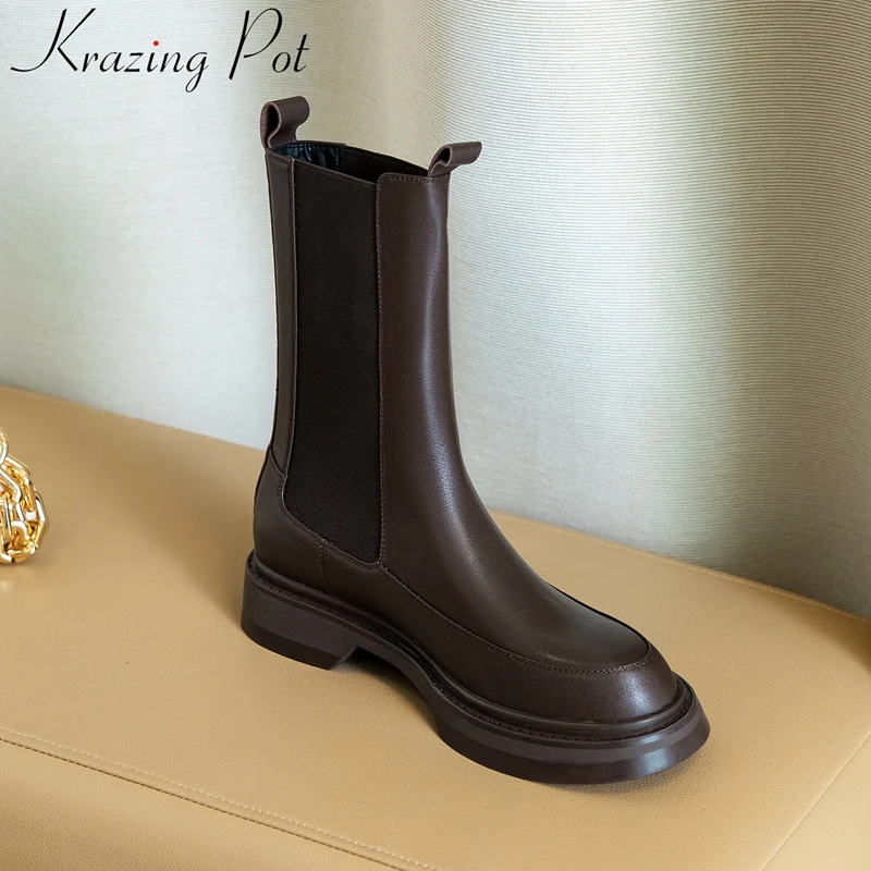 

Krazing Pot Fashion Cow Leather Round Toe Motorcycle Boots Platform Slip On Winter Shoe Superstar Elegant Leisure Mid-calf Boots