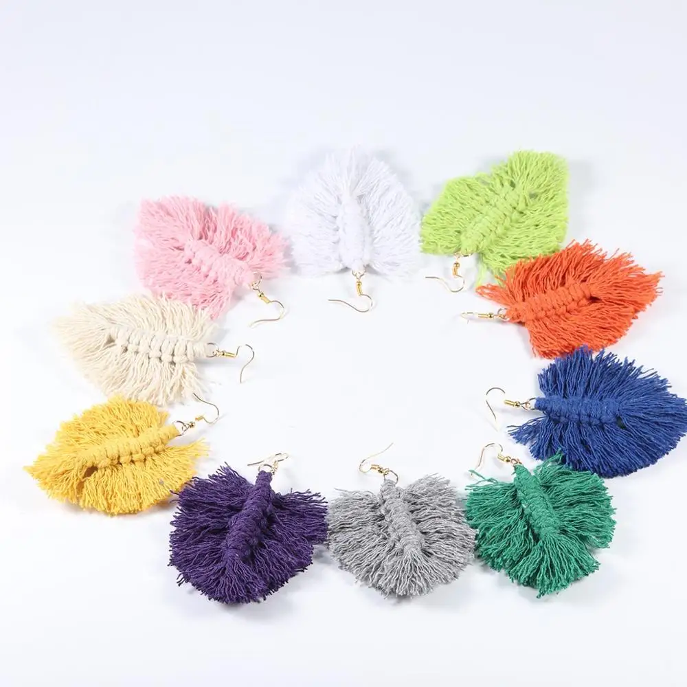 Bohemian Bunte Macrame Blatt Form Quaste Ohrringe für Frauen Trendy Fransen Feder Quaste Ohrringe Schmuck Party Geschenke