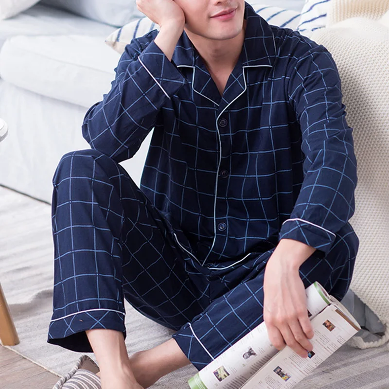 Men\'s Pajama Sets Simple Sleepwear Long Sleeve Cotton Top Pant Leisure Outwear Soft Autumn Winter Plus Size Loungewear