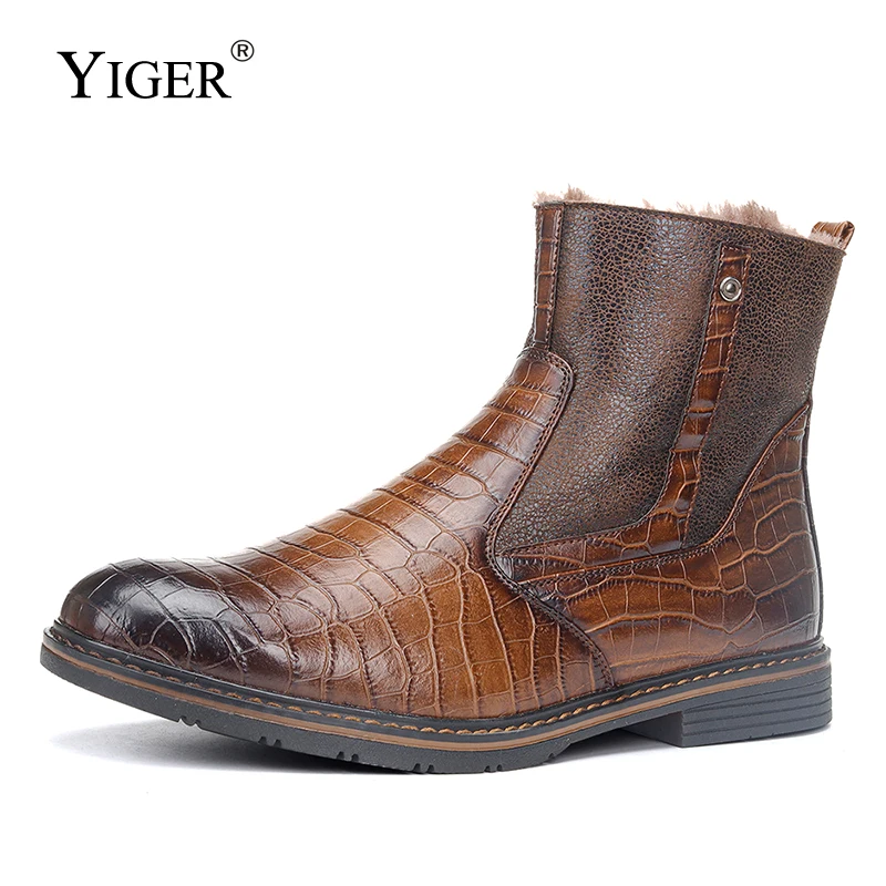 YIGER Winter Men Snow boots Men's Ankle boots vintage brown new Man warmly large size male boots men's Chlesea boots 2023