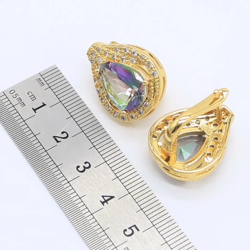 Rainbow Semi-precious  Gold Color Jewelry Sets for Women Water Drop Hoop Earrings Necklace Pendant Rings Free Gift Box