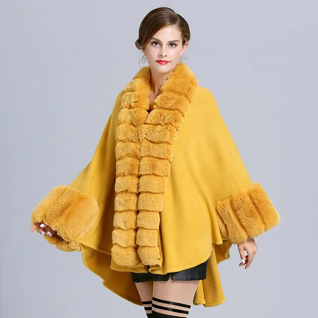 

2023 winter Europenew oversize loose imitation fox fur collar knit coat female bat sleeve cardigan shawl cloak jackets F205