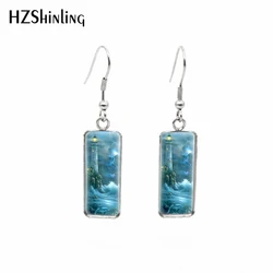 2020 New Night Watch Under Sea Earring Lighthouse Sunrise Rectangular Hook Earrings Glass Cabochon Jewelry Handmade