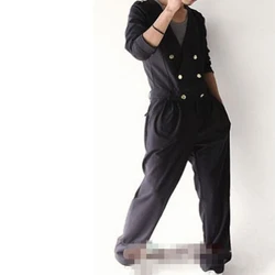 Jumpsuit Korean version of the trendy men's long-sleeved jumpsuit casual loose hairdresser double-breasted jumpsuit long pants