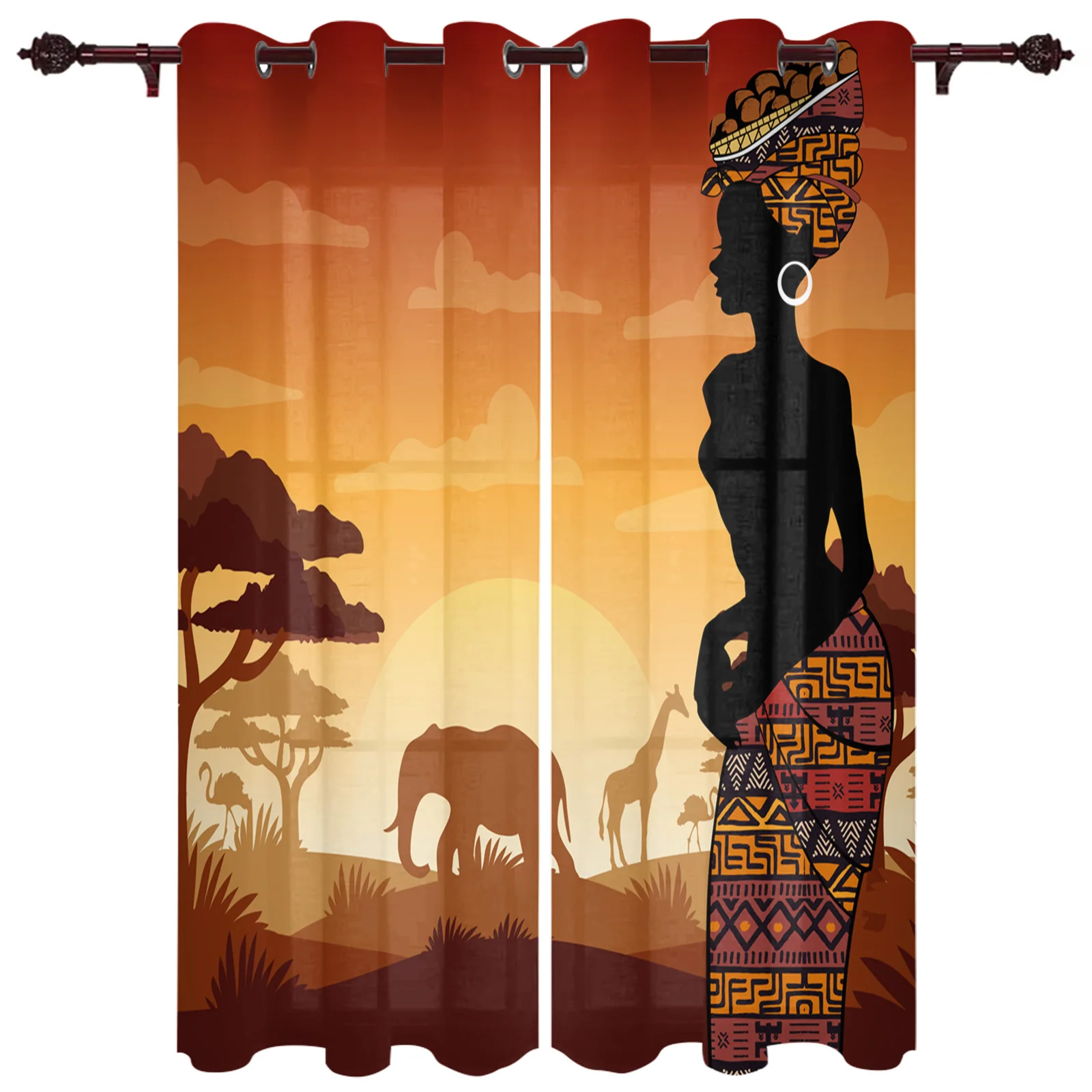 Africa Woman Giraffe Elephant Silhouettes Window Curtains for Living Room Bedroom Kitchen Decor Window Treatments