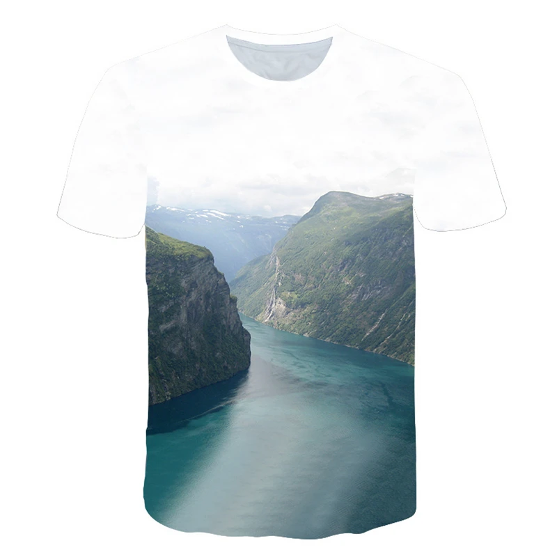 Summer Mountains and rivers graphic t shirts For Men Fashion Natural Scenery Pattern t shirt Handsome Casual 3D Print T-shirt