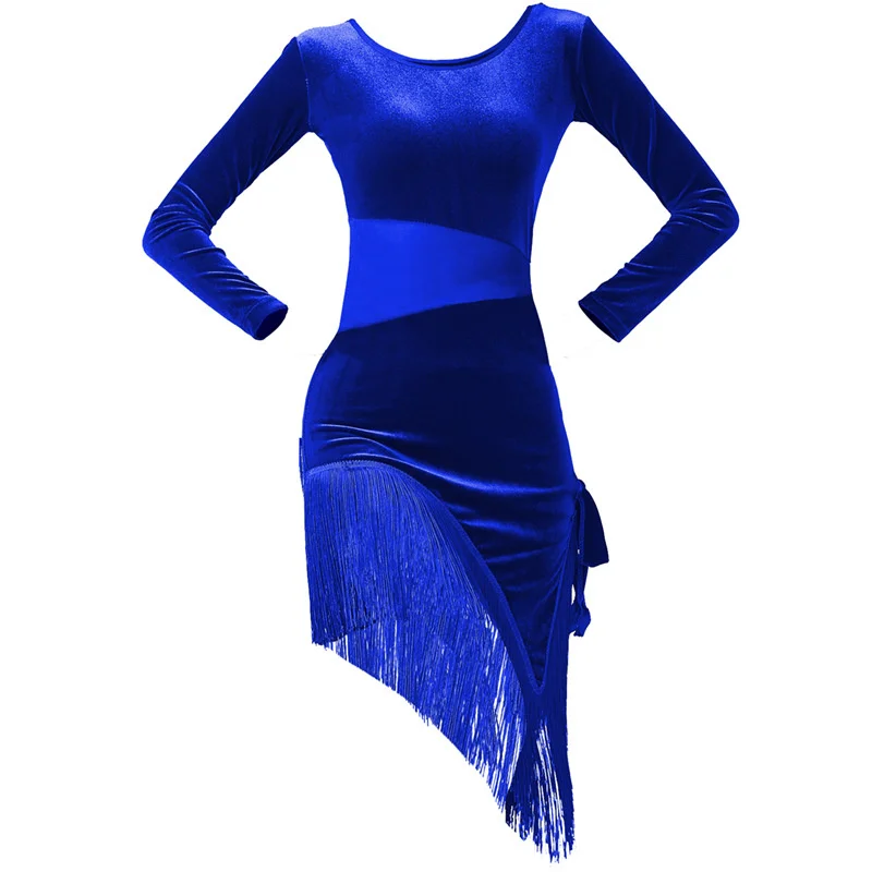 Ladies Latin Dance Tassel Clothing Women Adult Ballroom Tango Salsa Rumba Costume Korea Velvet Tassel Net Yarn Splicing Dress