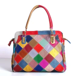 Quality Genuine Leather Women's Fashion Color Random Spliced Handbag Casual Female Colorful Messenger Shoulder Tote bag 466