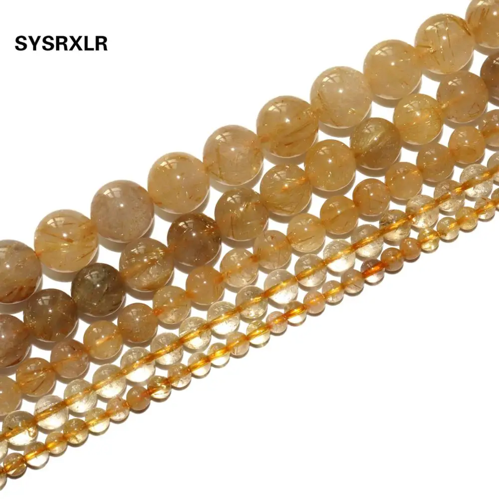 Natural Yellow Rutilated Quartz Citrines Stone Round Loose Spacer Beads For Jewelry Making DIY Bracelets Necklace 4/6/8/10/12mm