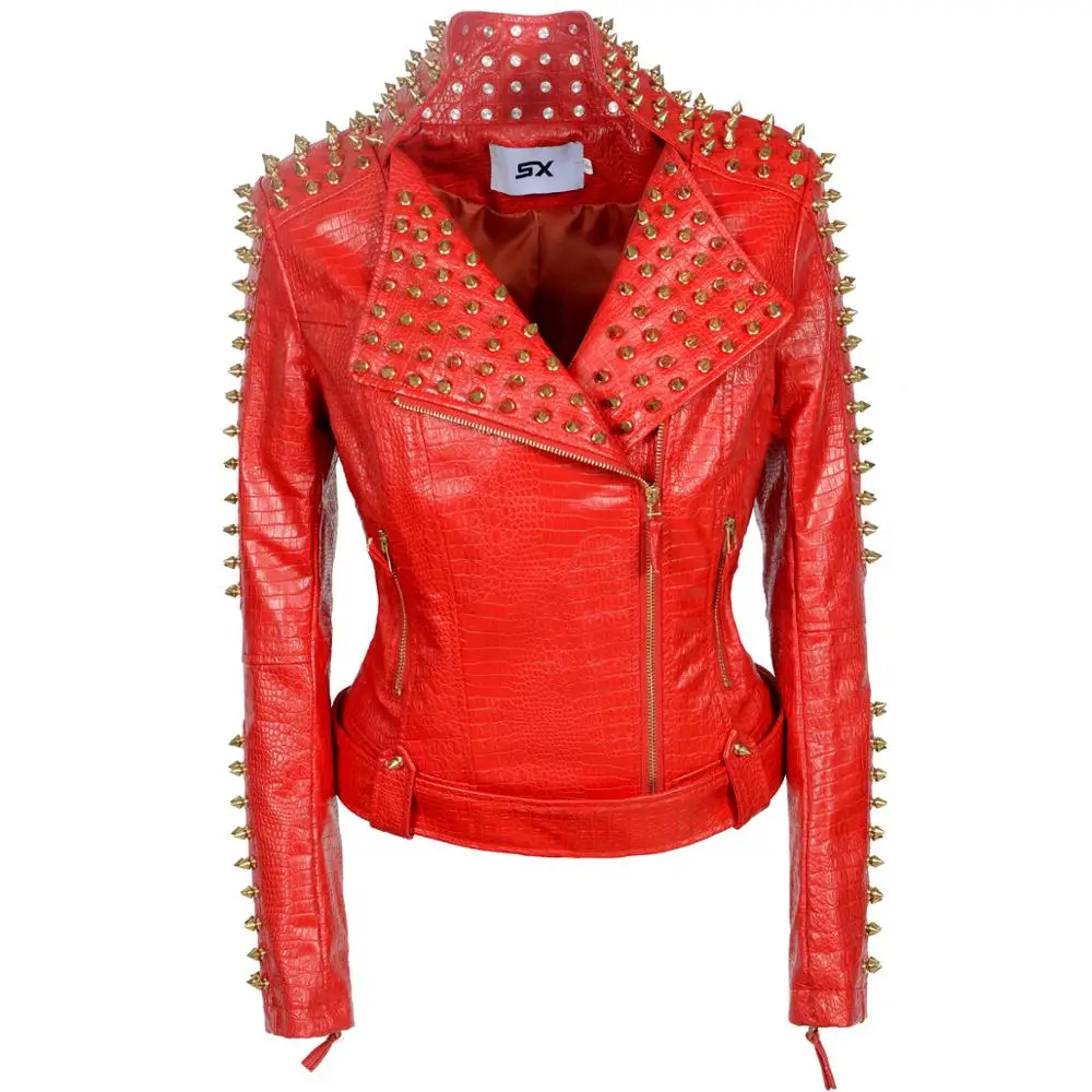 New Women\'s Fashion Punk Studded Perfectly Belt Coat Slim Fit Shaping PU Faux Leather  Biker Jacket Rivet Windbreak Outerwear