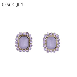 GRACE JUN Purple Rhinestone Clip on Earrings Fashion Jewelry Fake Piercing Korean Style Gold Color No Pierced Earrings Ear Clip