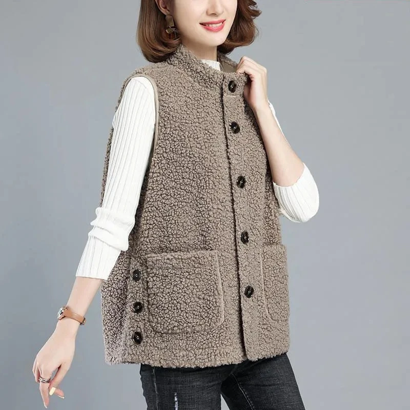 

Lambswool Vest Coat Women Clothing 2022 Autumn Winter Female Casual Gilet Jacket Single-Breasted Pocket Solid Waistcoat Femme