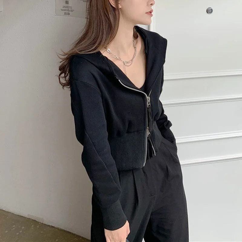 Hoodies Women Zipper Female Spring Ulzzang High Street Students Long Sleeve Hooded Zip-up Newest Retro Cropped Girls BF Clothing