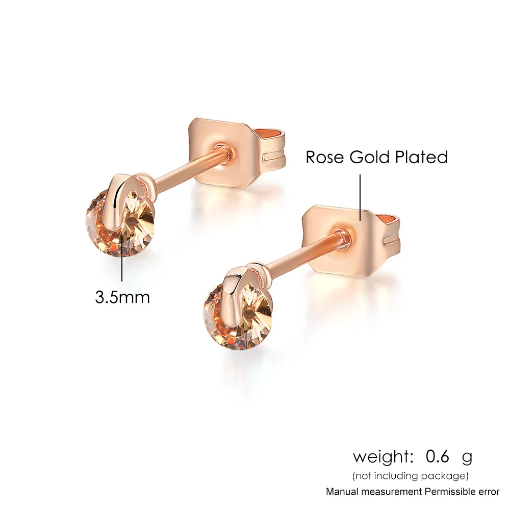 ZHOUYANG Stud Earrings For Women Mini Concise Round Zircon Crystal Rose Gold Color Daily Comfort Gift Fashion Jewelry E535