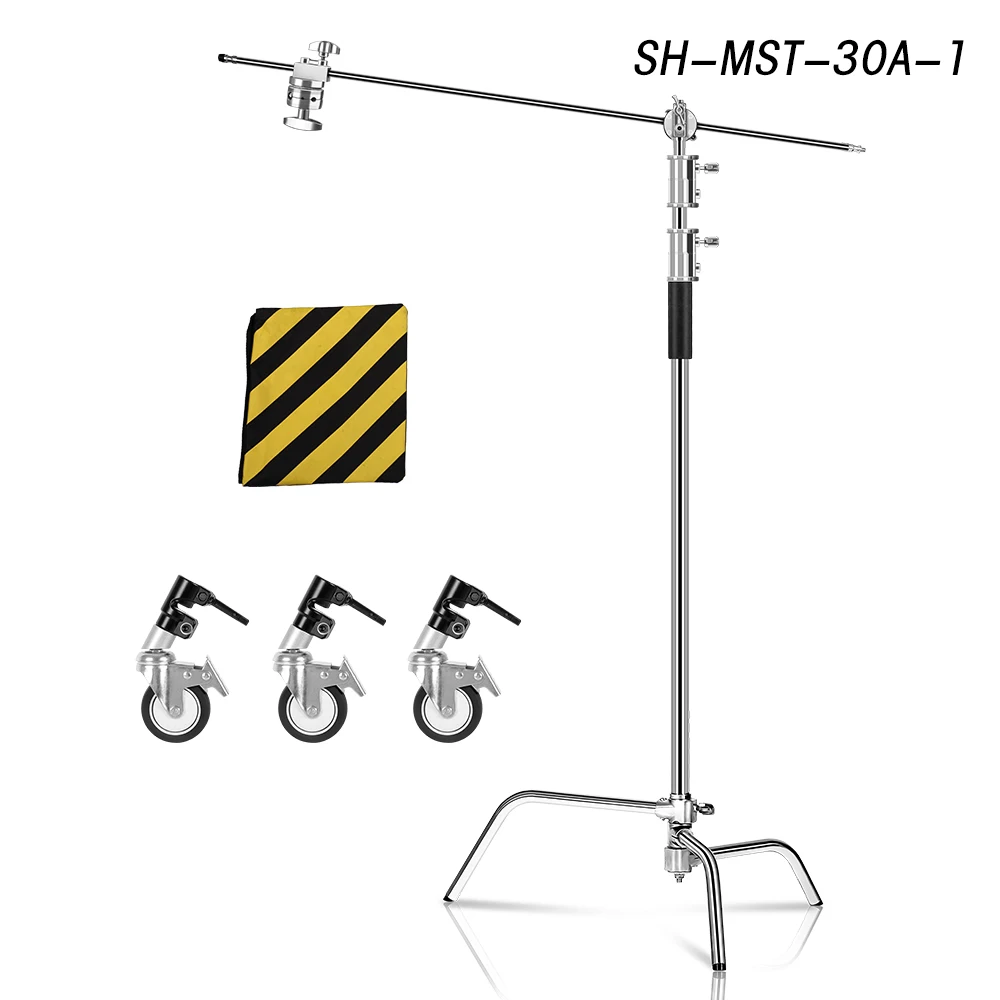 SH 2.6/3.3M Black&Silver Photography C Stand Light Stand Heavy Duty Stainless Steel Magic Leg Arm Crossbar Grip Head Tripod